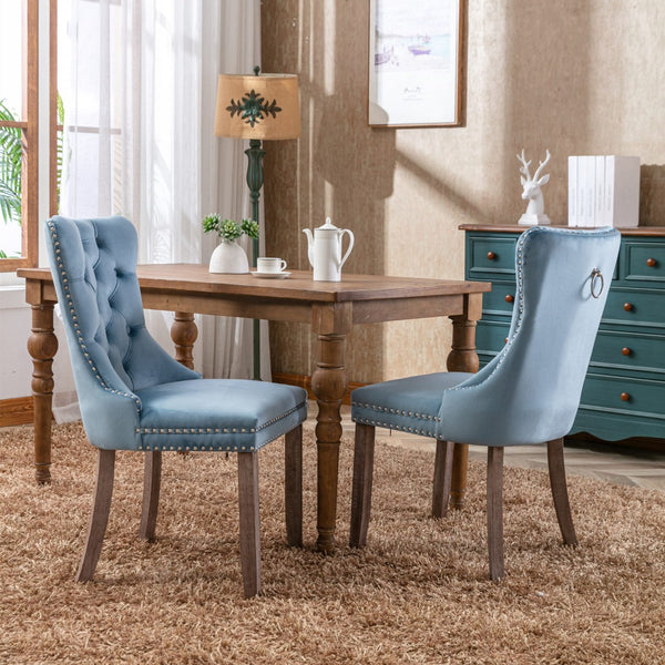 English Elm Nikki Velvet Wingback Dining Chair Set Tufted Brass Nailhead Solid Wood Legs Light Blue W114381106