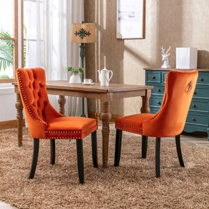 English Elm Nikki Velvet Dining Chairs Set of Two Tufted Nailhead Solid Wood Legs Formal Orange W114381108