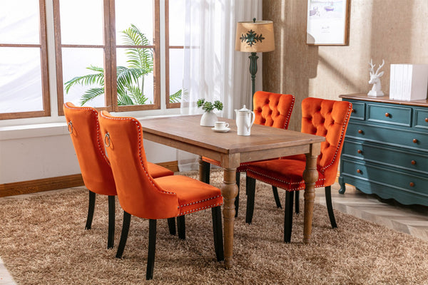 English Elm Nikki Velvet Dining Chairs Set of Two Tufted Nailhead Solid Wood Legs Formal Orange W114381108