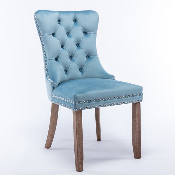 English Elm Nikki Velvet Wingback Dining Chair Set Tufted Brass Nailhead Solid Wood Legs Light Blue W114381106