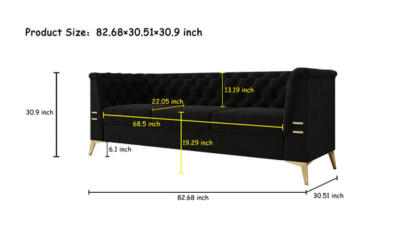 English Elm FX-P83-BK2(SOFA Luxurious Black Velvet 3-Seat Chesterfield Couch with Gold Legs, Tufted, Removable Cushions W576S00077