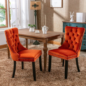 English Elm Nikki Velvet Dining Chairs Set of Two Tufted Nailhead Solid Wood Legs Formal Orange W114381108