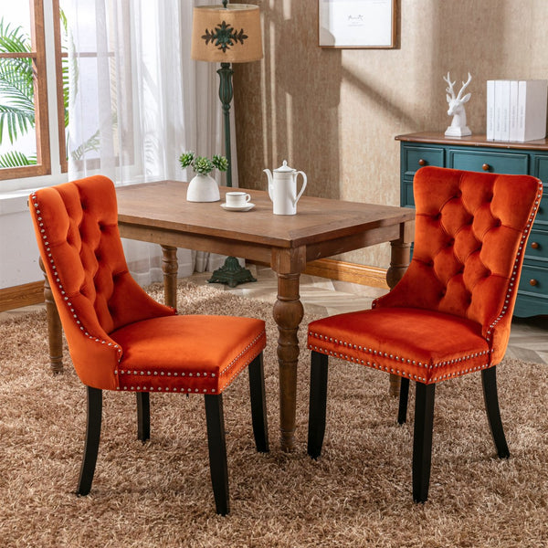 English Elm Nikki Velvet Dining Chairs Set of Two Tufted Nailhead Solid Wood Legs Formal Orange W114381108