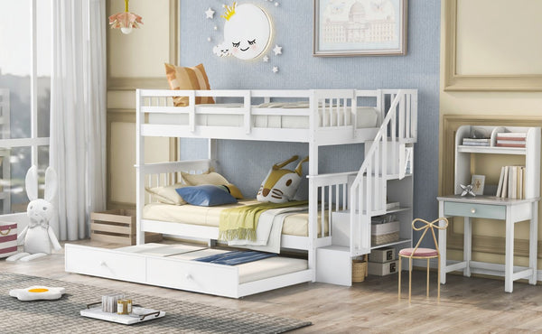 English Elm Stairway Twin Over Bunk Bed with Trundle Storage Steps Kids Shared Bedroom White LT000209AAK