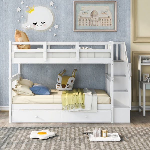 English Elm Stairway Twin Over Bunk Bed with Trundle Storage Steps Kids Shared Bedroom White LT000209AAK-1