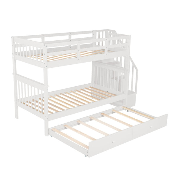 English Elm Stairway Twin Over Bunk Bed with Trundle Storage Steps Kids Shared Bedroom White LT000209AAK-1