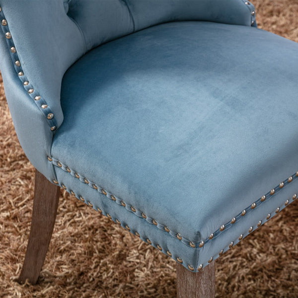 English Elm Nikki Velvet Wingback Dining Chair Set Tufted Brass Nailhead Solid Wood Legs Light Blue W114381106