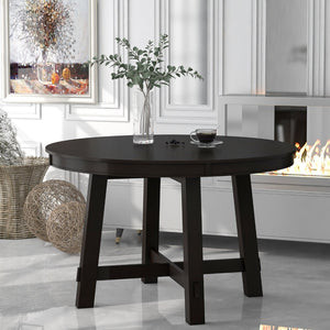 English Elm Trexm Farmhouse Round Dining Table Oak Veneer X Base Extends to Seat Six WF291263AAP