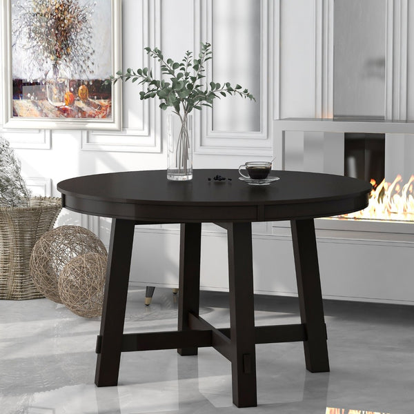 English Elm Trexm Farmhouse Round Dining Table Oak Veneer X Base Extends to Seat Six WF291263AAP