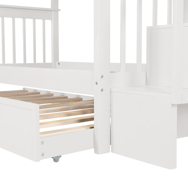 English Elm Stairway Twin Over Bunk Bed with Trundle Storage Steps Kids Shared Bedroom White LT000209AAK-1