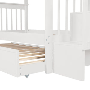 English Elm Stairway Twin Over Bunk Bed with Trundle Storage Steps Kids Shared Bedroom White LT000209AAK