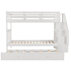 English Elm Stairway Twin Over Bunk Bed with Trundle Storage Steps Kids Shared Bedroom White LT000209AAK-1