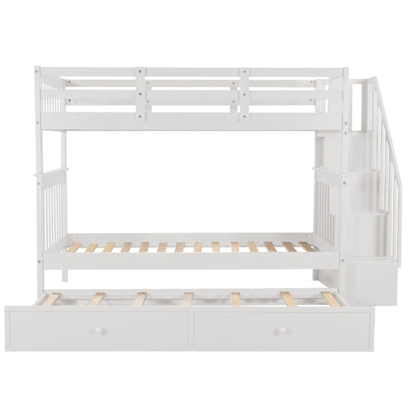 English Elm Stairway Twin Over Bunk Bed with Trundle Storage Steps Kids Shared Bedroom White LT000209AAK