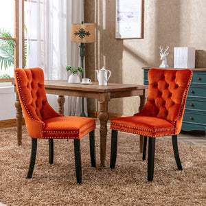 English Elm Nikki Velvet Dining Chairs Set of Two Tufted Nailhead Solid Wood Legs Formal Orange W114381108