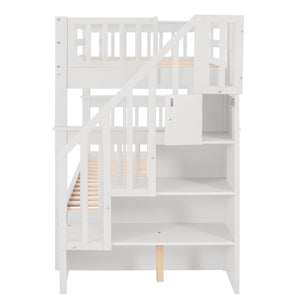 English Elm Stairway Twin Over Bunk Bed with Trundle Storage Steps Kids Shared Bedroom White LT000209AAK