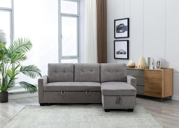 English Elm 77 Reversible 77 Inch Sectional Storage Sleeper Sofa Bed with Pull-Out Guest Bed, Velvet Plush Seating LIGHT GREY W120343142