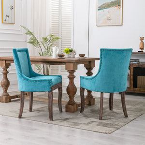 English Elm A&A Luxe Side Dining Chair Set of 2, Blue Thickened Fabric Upholstery, Solid Wood Legs & Bronze Nailhead Accents W114341475