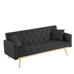 English Elm BLACK Velvet Convertible Futon Sofa Bed with Gold Legs — Compact Sleeper Couch, Foam Comfort W58842966
