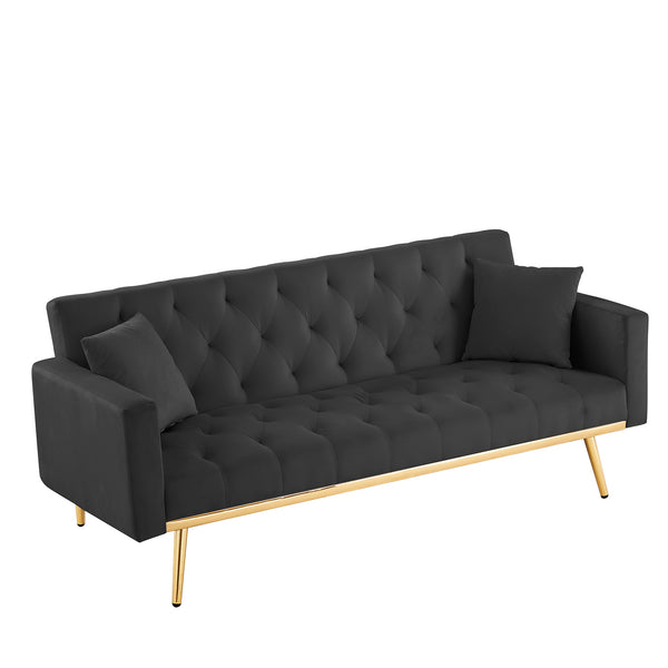 English Elm BLACK Velvet Convertible Futon Sofa Bed with Gold Legs — Compact Sleeper Couch, Foam Comfort W58842966