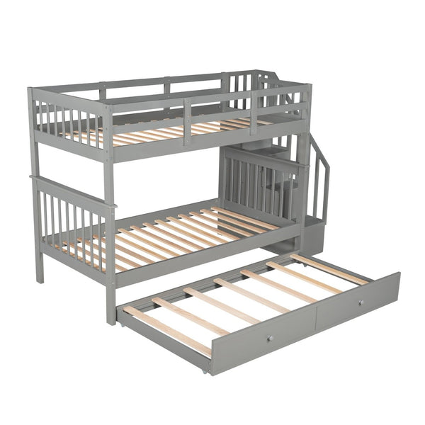 English Elm Stairway Twin Over Bunk Bed with Trundle Storage Steps Kids Shared Bedroom LT000209AAE