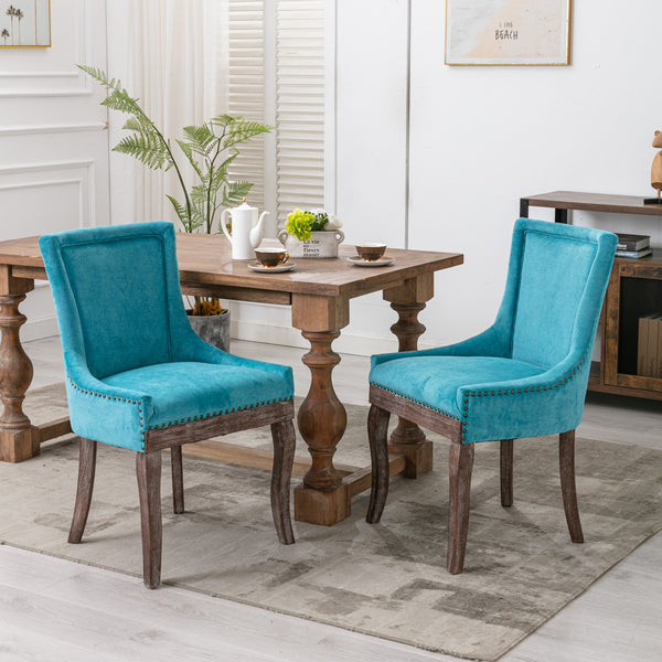 English Elm A&A Blue Ultra Side Dining Chair Set of 2 — Thickened Fabric, Neutral Solid Wood Legs, Bronze Nailhead Accents W114341475