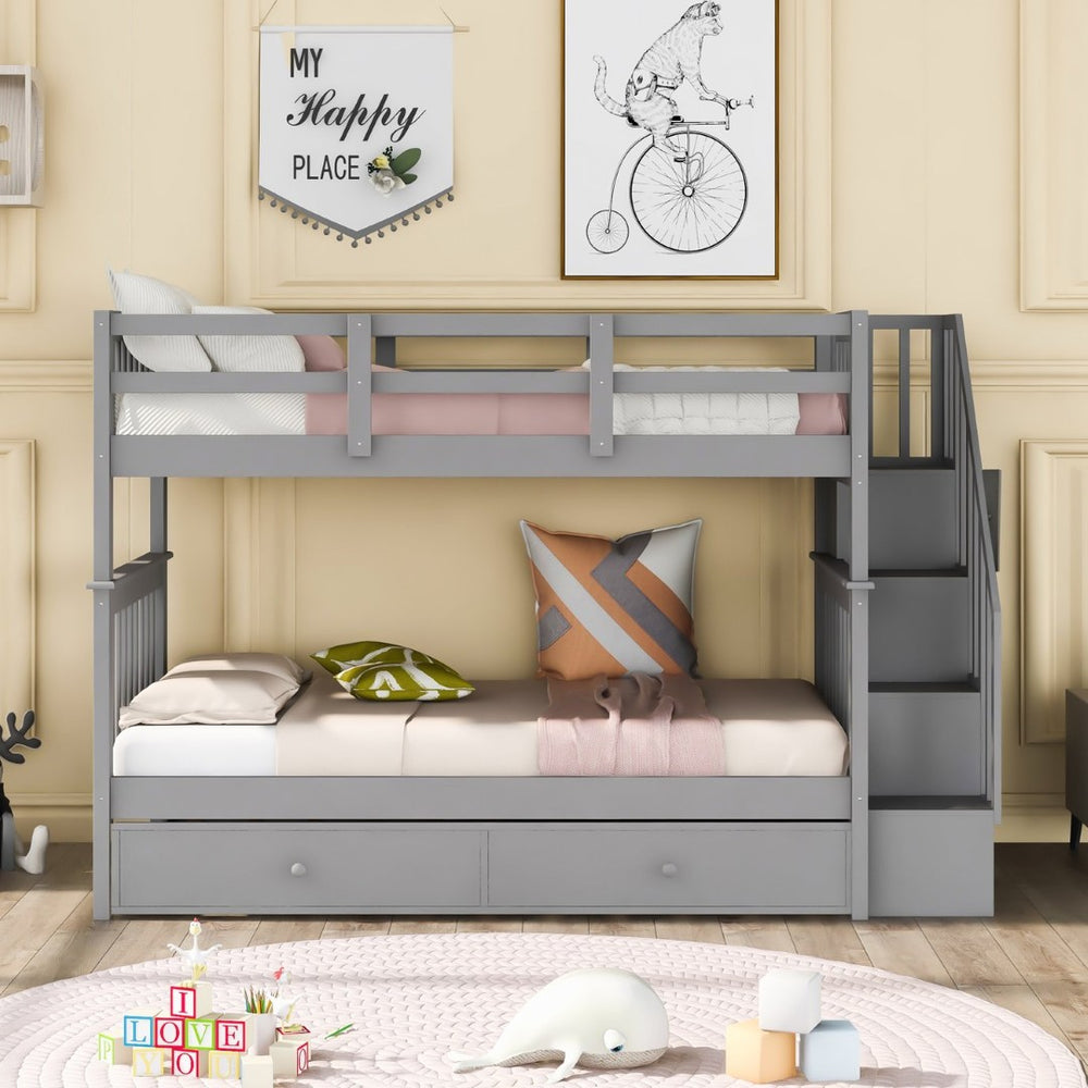English Elm Stairway Twin Over Bunk Bed with Trundle Storage Steps Kids Shared Bedroom LT000209AAE-1