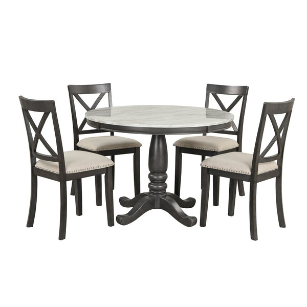 English Elm Orisfur. Round Faux Marble 5 Piece Dining Set with Rubberwood Legs Seats Four SG000342AAA