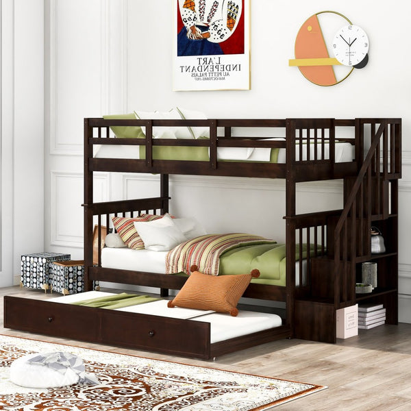 English Elm Stairway Twin Over Bunk Bed with Trundle Storage Steps Kids Shared Bedroom Espresso LT000209AAP-1