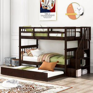 English Elm Stairway Twin Over Bunk Bed with Trundle Storage Steps Kids Shared Bedroom Espresso LT000209AAP