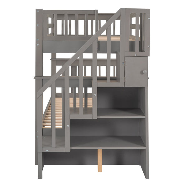 English Elm Stairway Twin Over Bunk Bed with Trundle Storage Steps Kids Shared Bedroom LT000209AAE-1