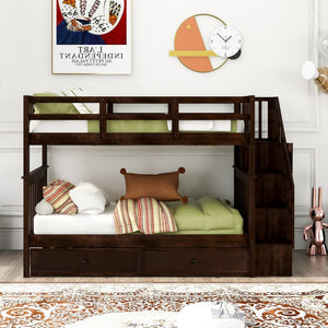English Elm Stairway Twin Over Bunk Bed with Trundle Storage Steps Kids Shared Bedroom Espresso LT000209AAP-1