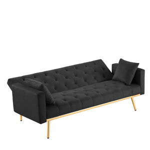 English Elm BLACK Velvet Convertible Futon Sofa Bed with Gold Legs — Compact Sleeper Couch, Foam Comfort W58842966