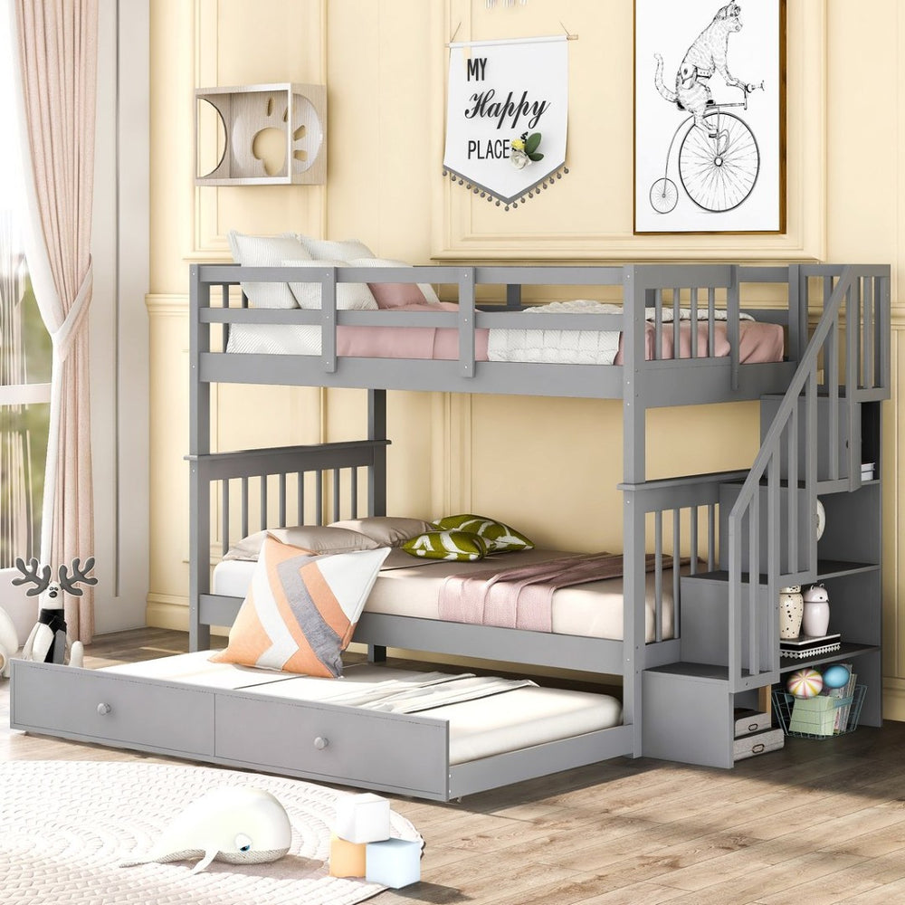 English Elm Stairway Twin Over Bunk Bed with Trundle Storage Steps Kids Shared Bedroom LT000209AAE