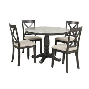 English Elm Orisfur. Round Faux Marble 5 Piece Dining Set with Rubberwood Legs Seats Four SG000342AAA