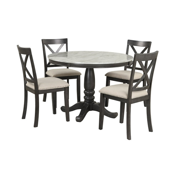 English Elm Orisfur. Round Faux Marble 5 Piece Dining Set with Rubberwood Legs Seats Four SG000342AAA