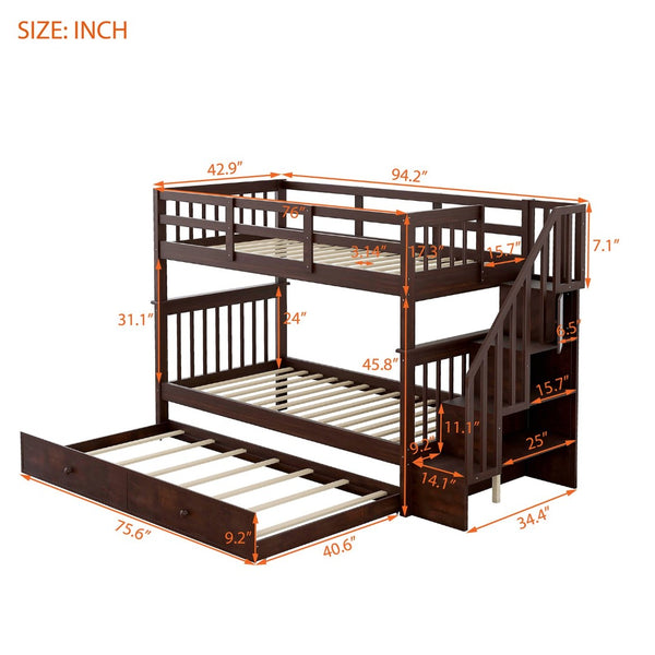 English Elm Stairway Twin Over Bunk Bed with Trundle Storage Steps Kids Shared Bedroom Espresso LT000209AAP
