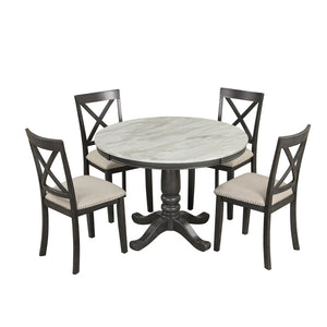 English Elm Orisfur. Round Faux Marble 5 Piece Dining Set with Rubberwood Legs Seats Four SG000342AAA