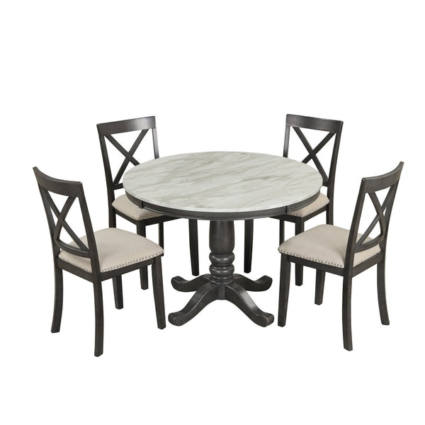 English Elm Orisfur. Round Faux Marble 5 Piece Dining Set with Rubberwood Legs Seats Four SG000342AAA