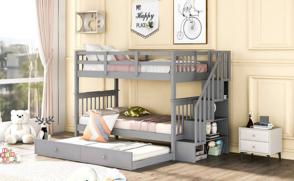English Elm Stairway Twin Over Bunk Bed with Trundle Storage Steps Kids Shared Bedroom LT000209AAE