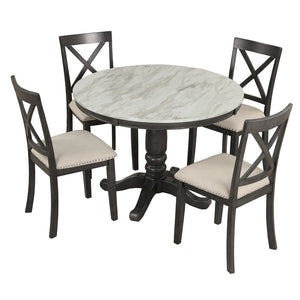 English Elm Orisfur. Round Faux Marble 5 Piece Dining Set with Rubberwood Legs Seats Four SG000342AAA