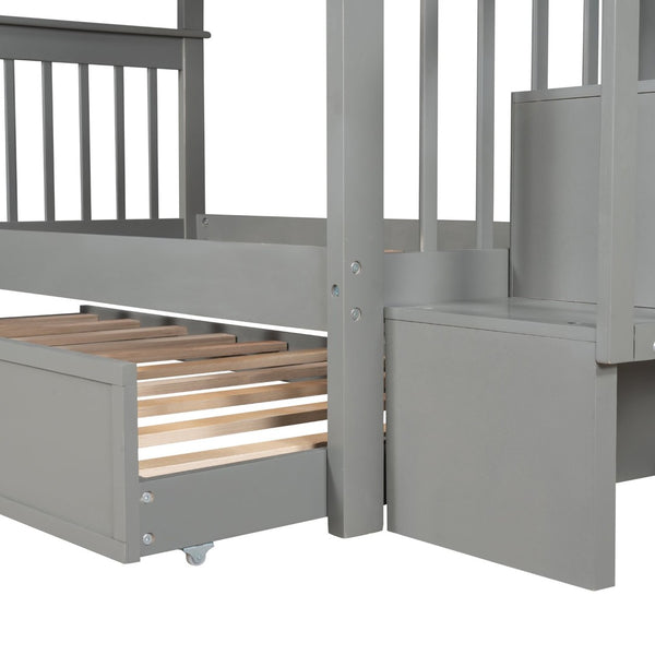 English Elm Stairway Twin Over Bunk Bed with Trundle Storage Steps Kids Shared Bedroom LT000209AAE-1