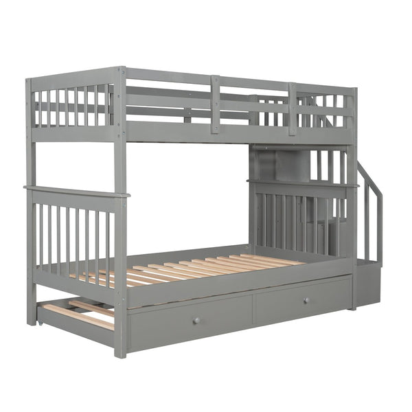 English Elm Stairway Twin Over Bunk Bed with Trundle Storage Steps Kids Shared Bedroom LT000209AAE-1