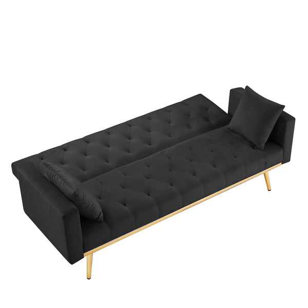 English Elm BLACK Velvet Convertible Futon Sofa Bed with Gold Legs — Compact Sleeper Couch, Foam Comfort W58842966