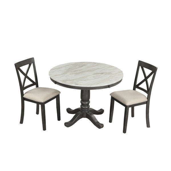 English Elm Orisfur. Round Faux Marble 5 Piece Dining Set with Rubberwood Legs Seats Four SG000342AAA