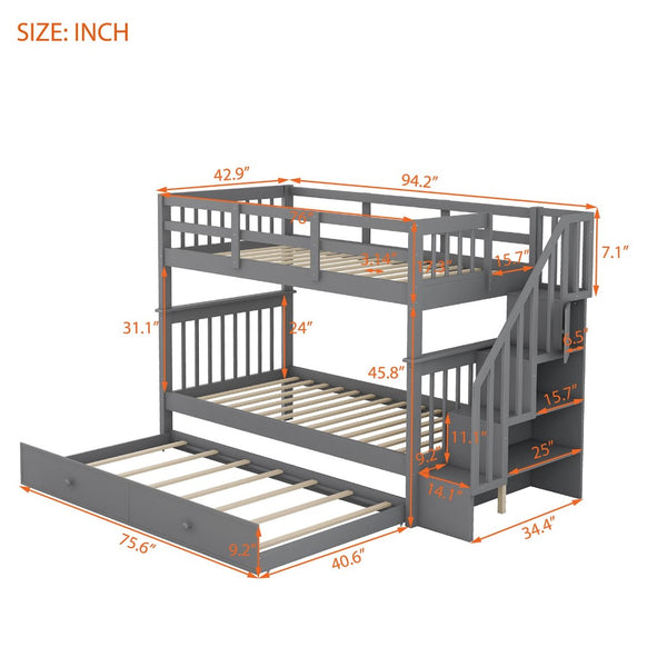 English Elm Stairway Twin Over Bunk Bed with Trundle Storage Steps Kids Shared Bedroom LT000209AAE