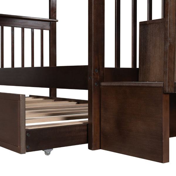English Elm Stairway Twin Over Bunk Bed with Trundle Storage Steps Kids Shared Bedroom Espresso LT000209AAP