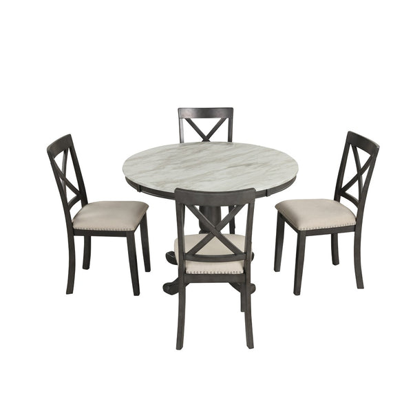 English Elm Orisfur. Round Faux Marble 5 Piece Dining Set with Rubberwood Legs Seats Four SG000342AAA