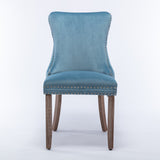 Set of 2 Upholstered Wing-Back Dining Chairs, Light Blue with Nailhead Trim, Backstitching, Solid Wood Legs