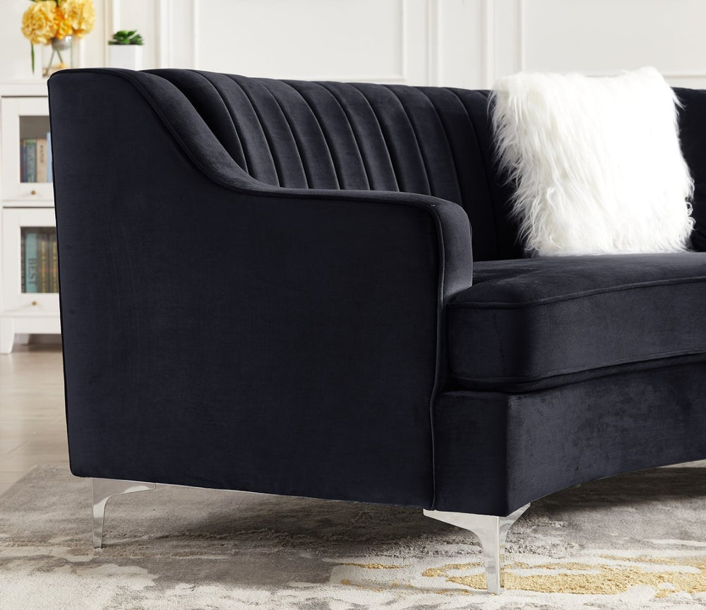 English Elm Black Velvet Curved Loveseat with Foam Cushions and Metal Legs for Modern Living Rooms W308S00075