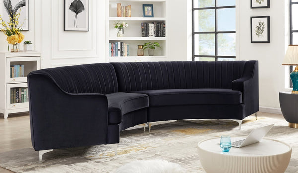 English Elm Black Velvet Curved Loveseat with Foam Cushions and Metal Legs for Modern Living Rooms W308S00075